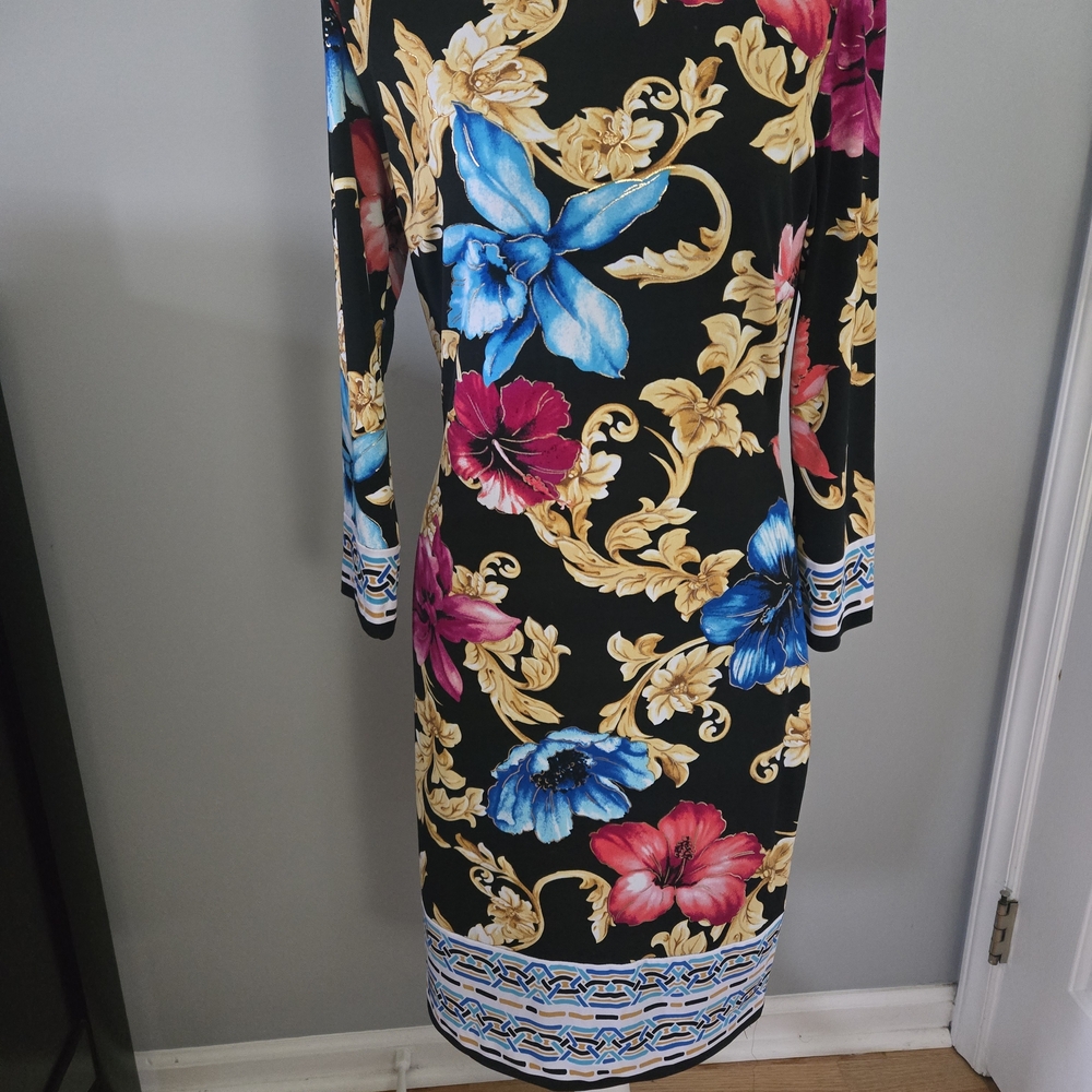 Cache Black Dress with Blue and Pink Floral Design